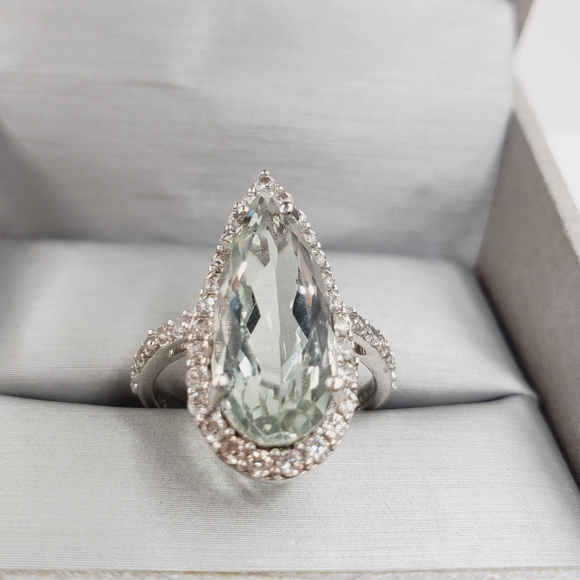 Montezuma Prasiolite & White Zircon Pear Shape Halo Ring in Platinum | Sterling